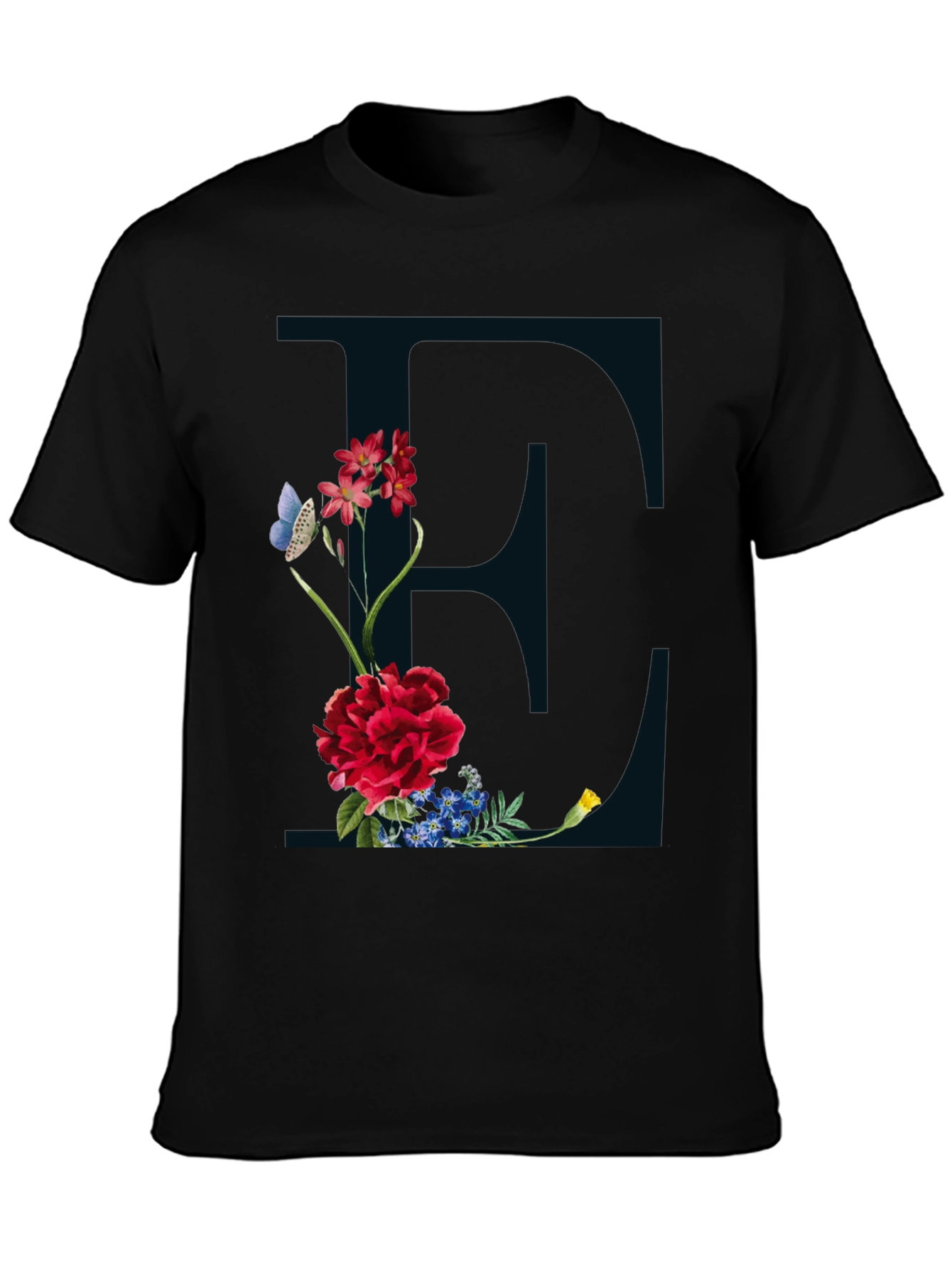 Floral Letter E Black T-Shirt