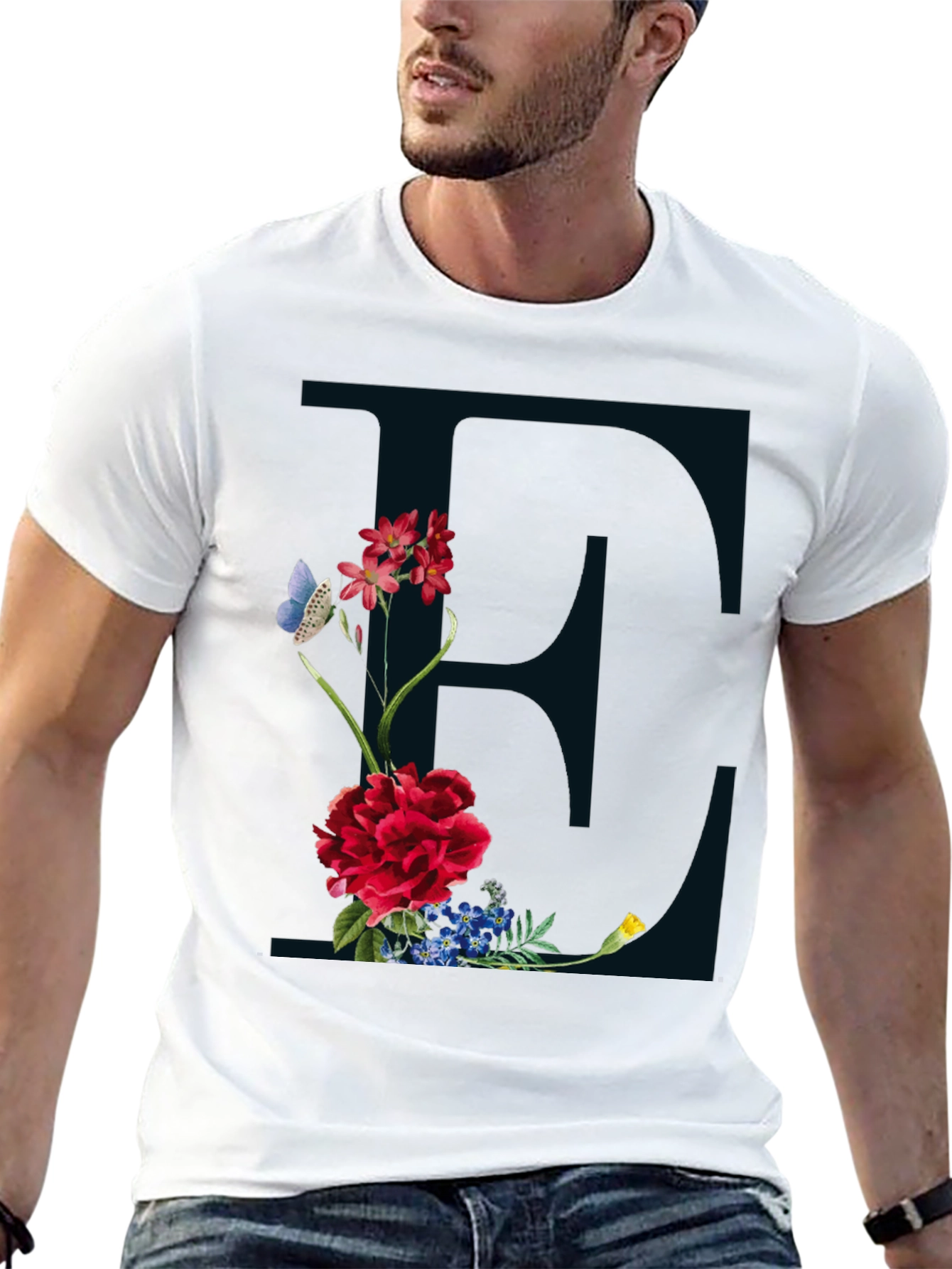 Floral Letter E Black T-Shirt