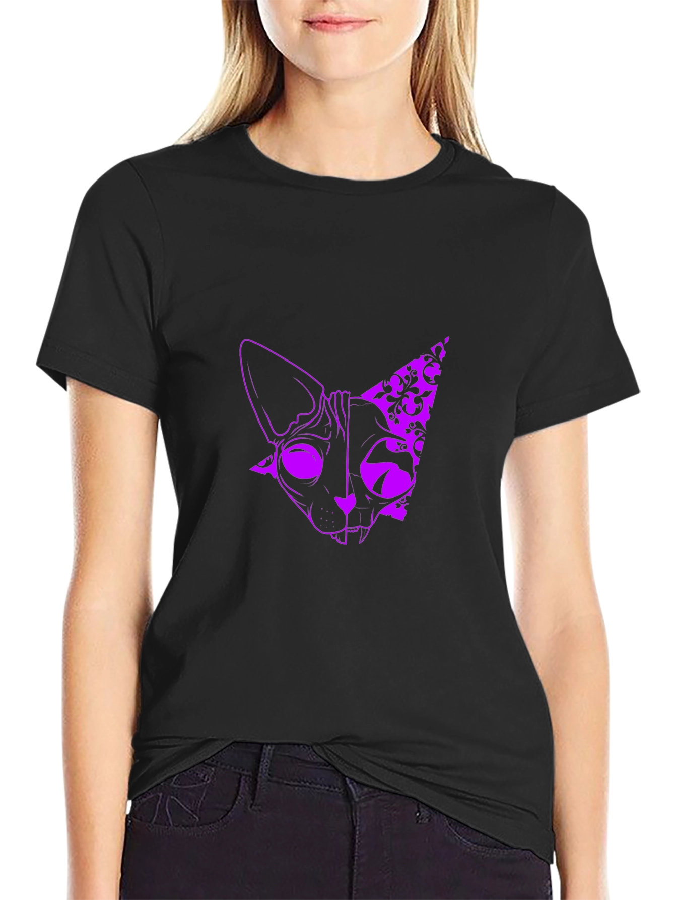 Mens Black T-Shirt with Purple Cat Design