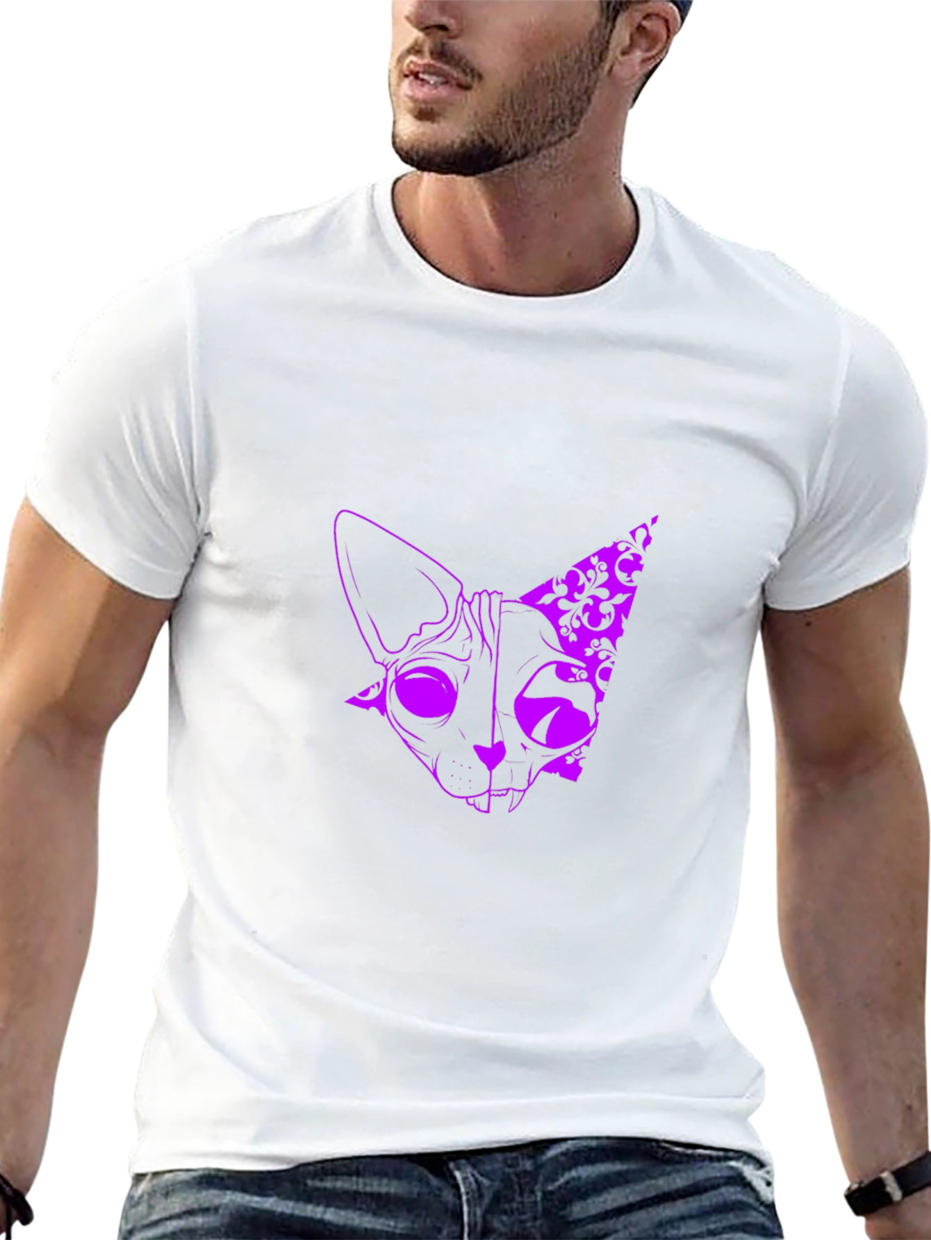 Mens Black T-Shirt with Purple Cat Design