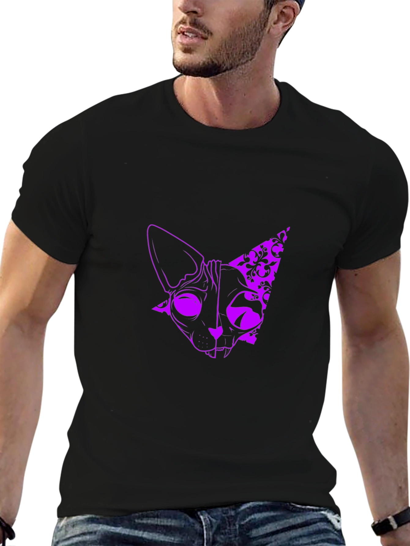 Mens Black T-Shirt with Purple Cat Design