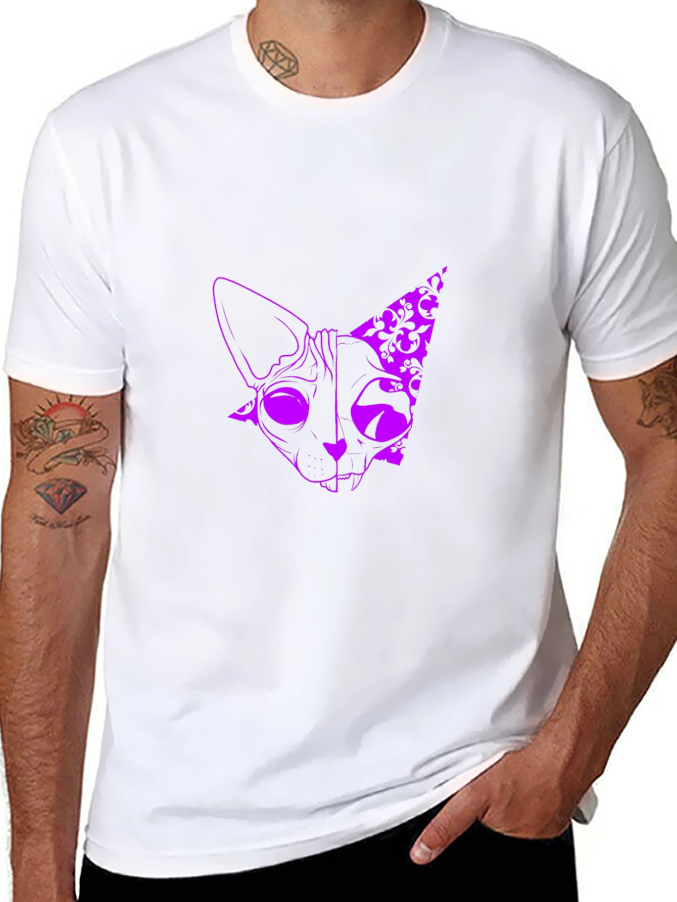 Mens Black T-Shirt with Purple Cat Design