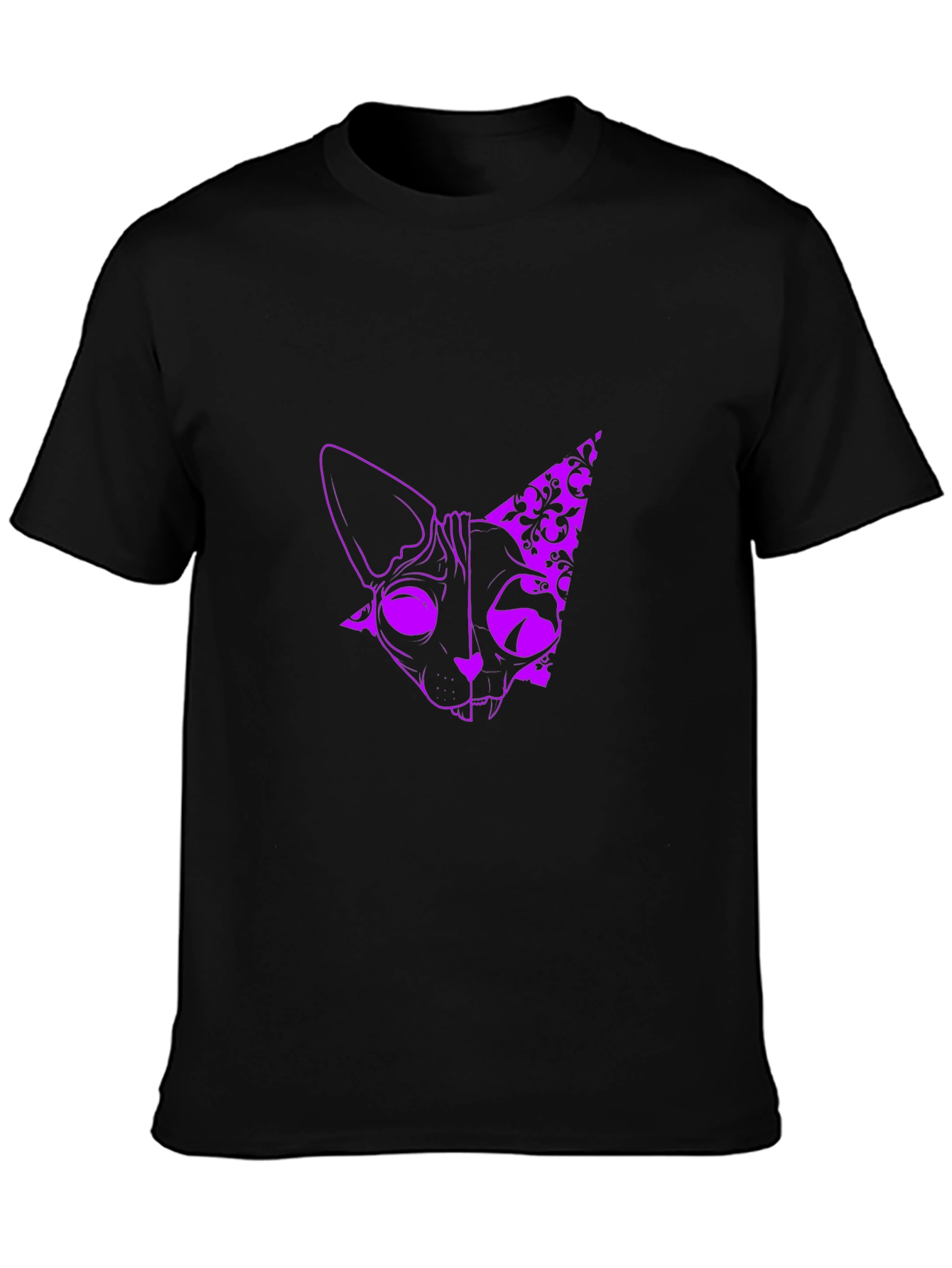 Mens Black T-Shirt with Purple Cat Design