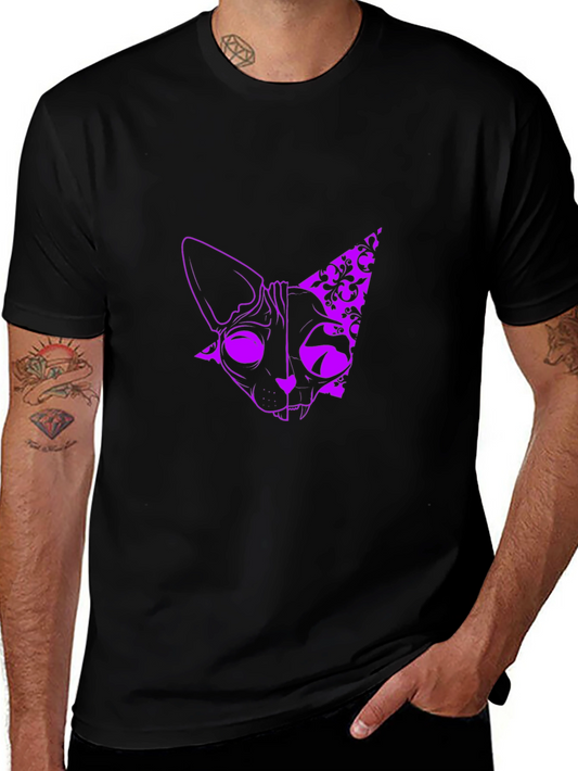 Mens Black T-Shirt with Purple Cat Design