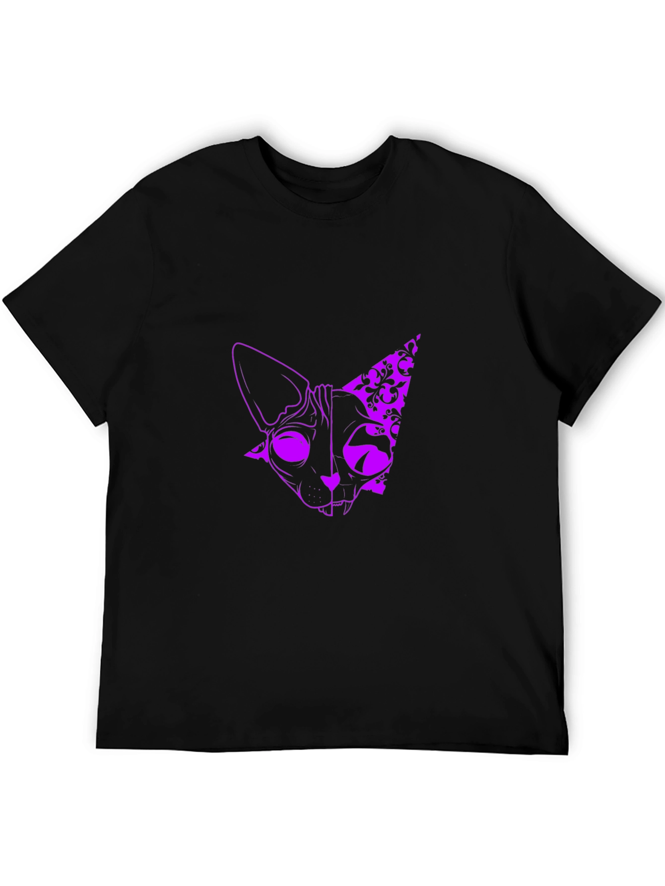 Mens Black T-Shirt with Purple Cat Design