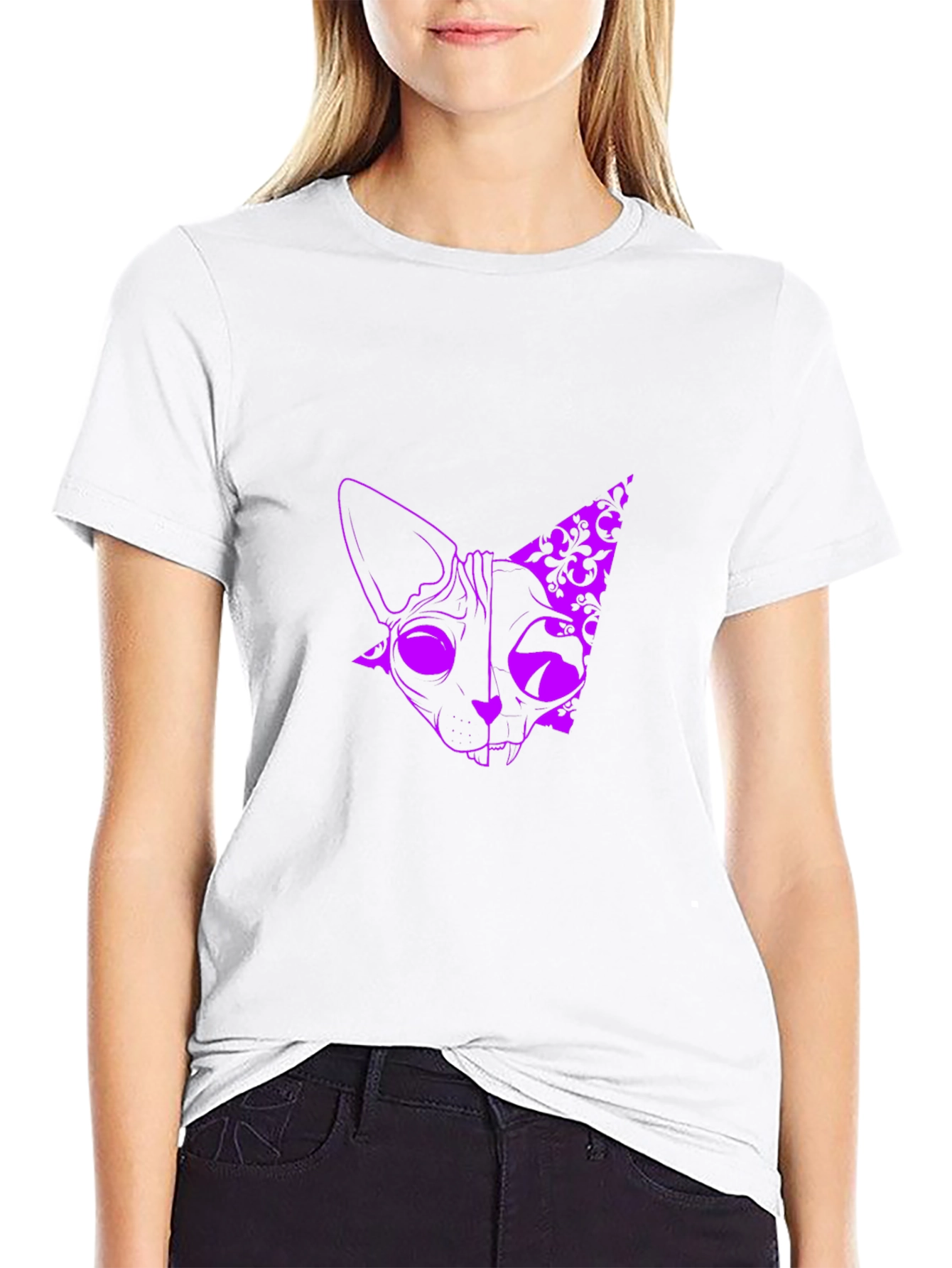 Mens Black T-Shirt with Purple Cat Design