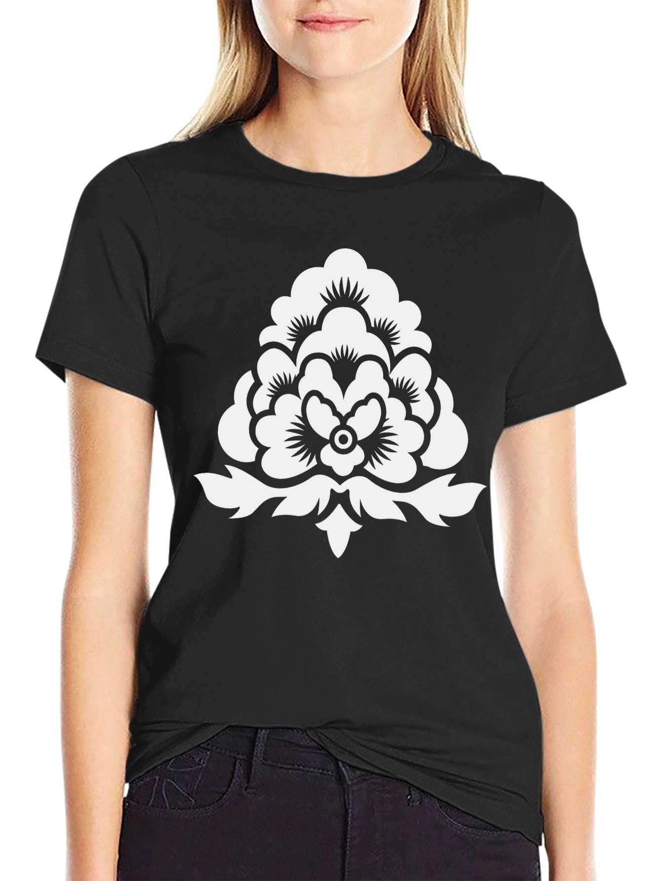 Stylish Black T-Shirt with White Floral Design