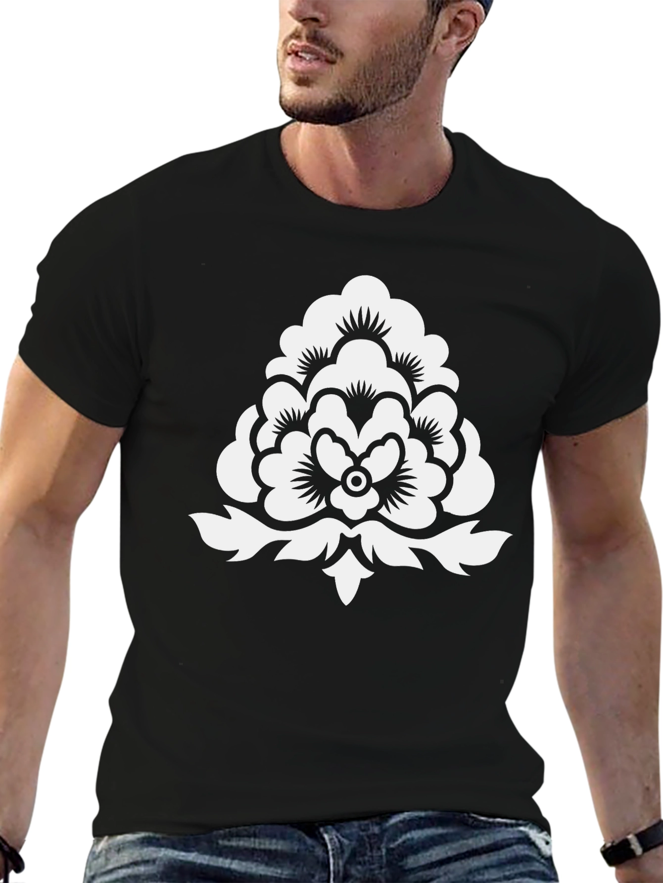 Stylish Black T-Shirt with White Floral Design