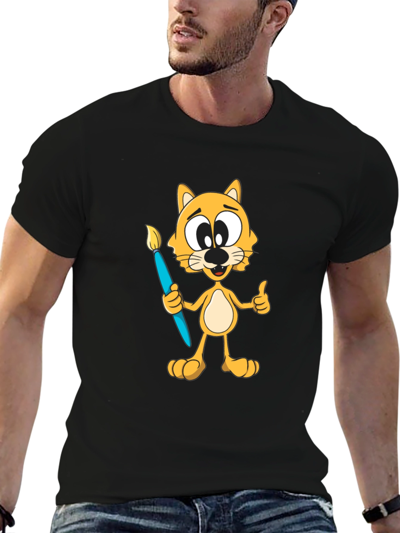 Cartoon Cat Artist Graphic T-Shirt