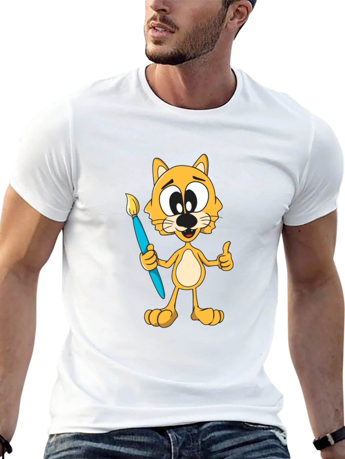 Cartoon Cat Artist Graphic T-Shirt