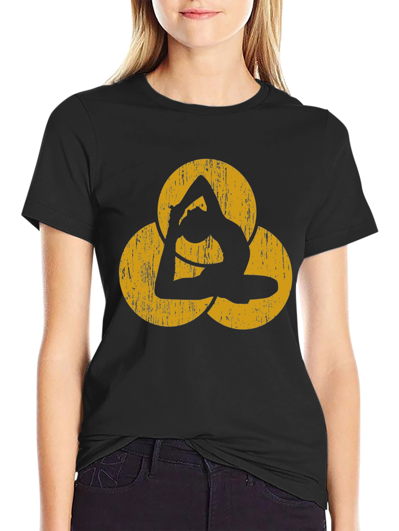 Yoga Pose T-Shirt - Black with Geometric Design
