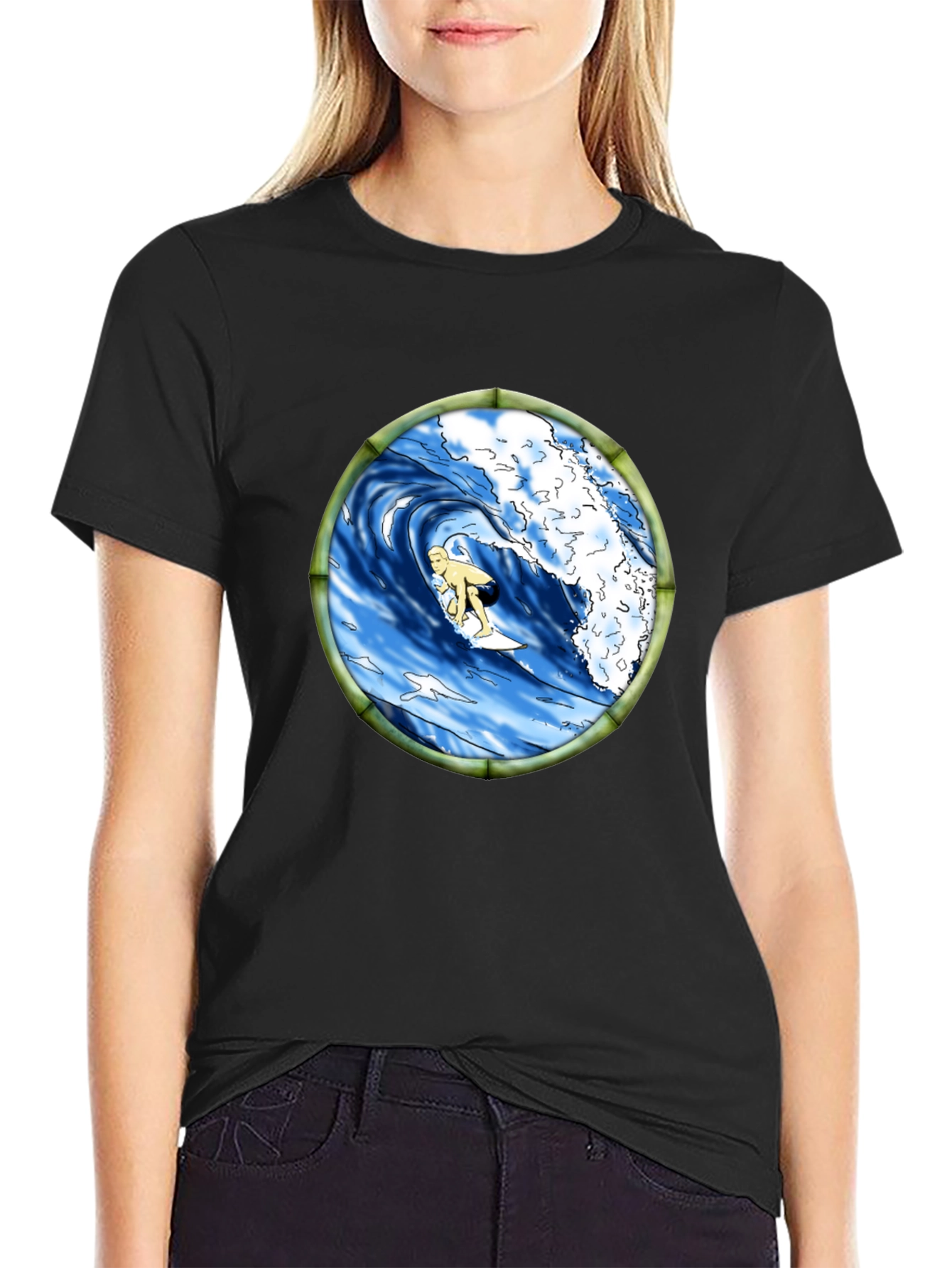 Surfing Wave Graphic Black T-Shirt