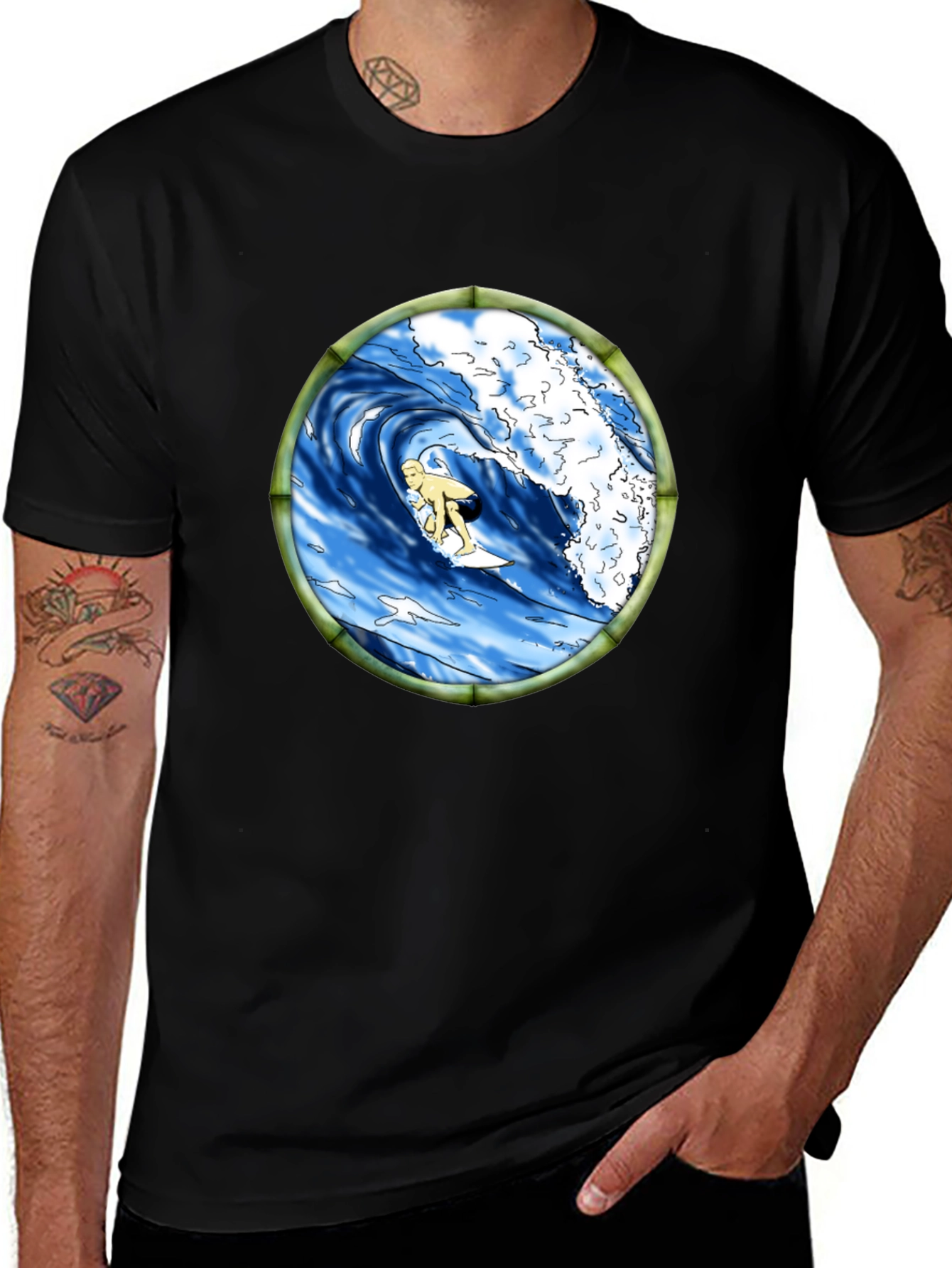 Surfing Wave Graphic Black T-Shirt