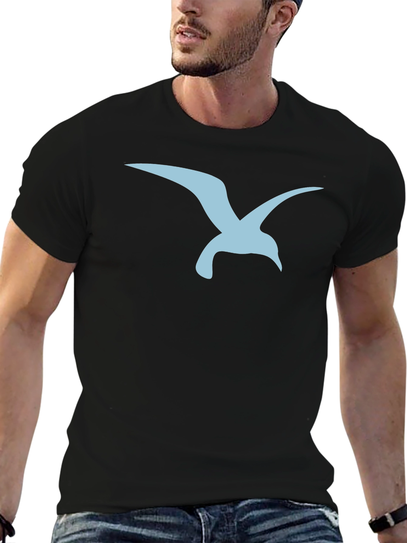 Mens Black T-Shirt with Blue Seagull Graphic