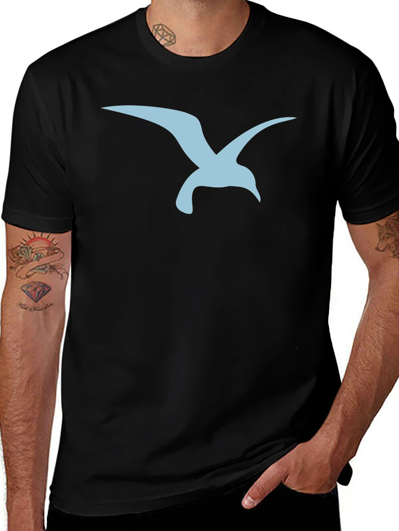 Mens Black T-Shirt with Blue Seagull Graphic