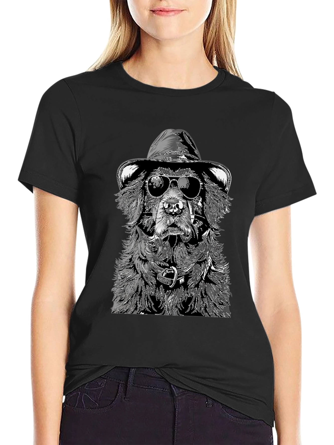 Dog with Hat and Shades Black T-Shirt