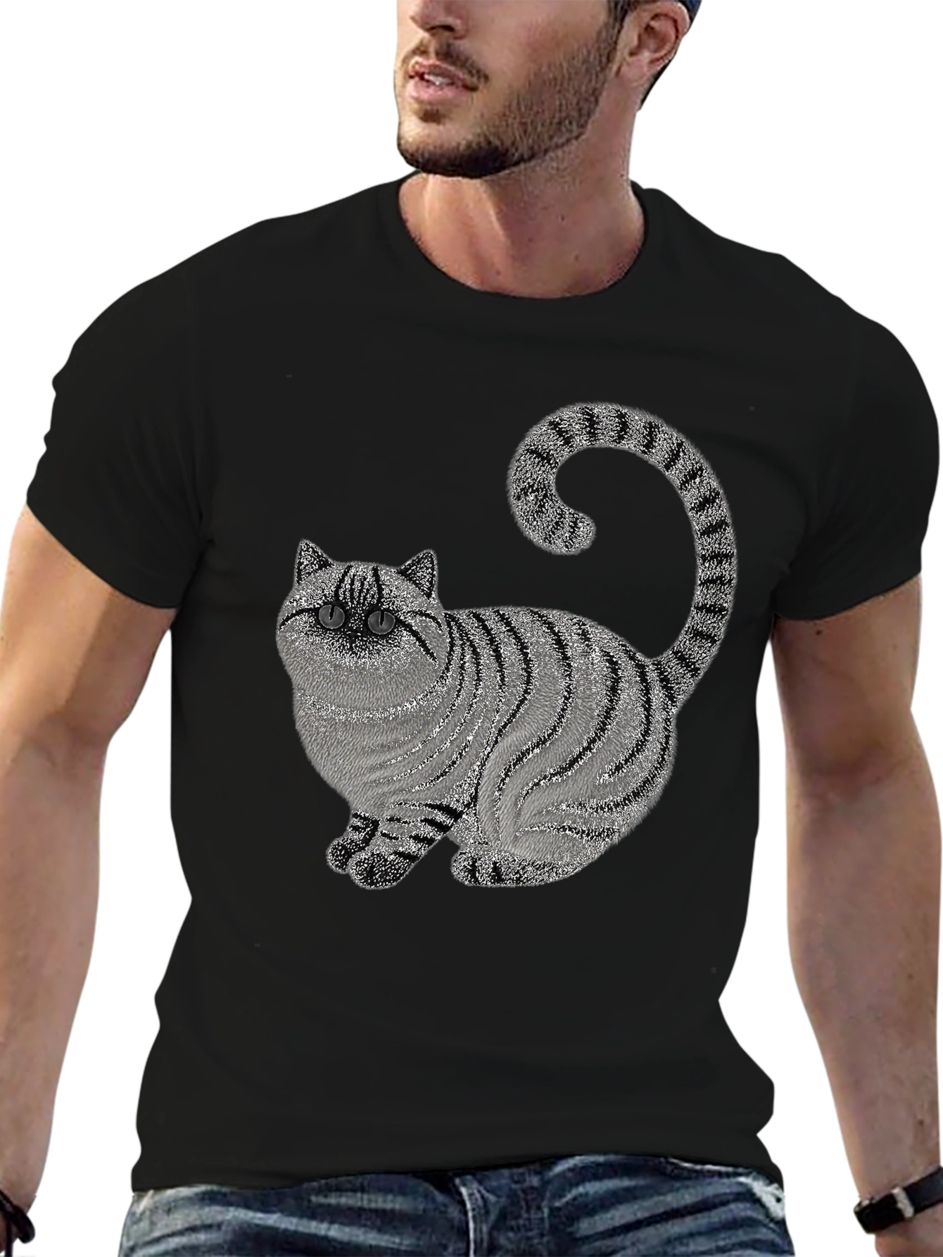 Striped Cat Graphic Black T-Shirt - Novelty Design