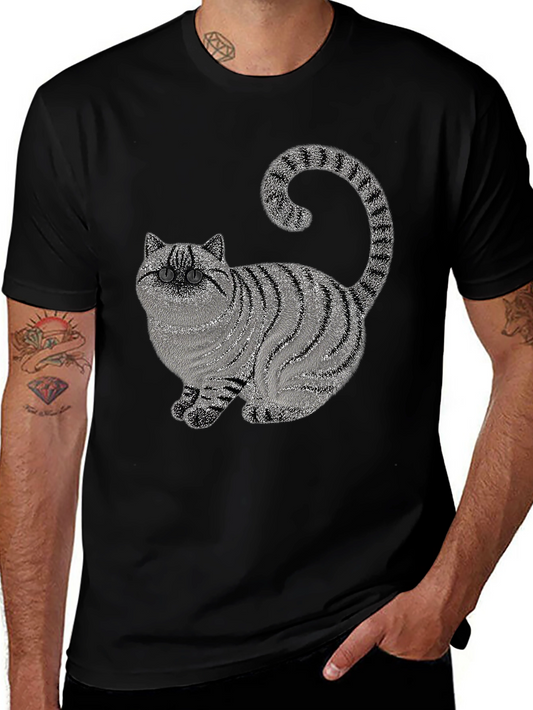 Striped Cat Graphic Black T-Shirt - Novelty Design