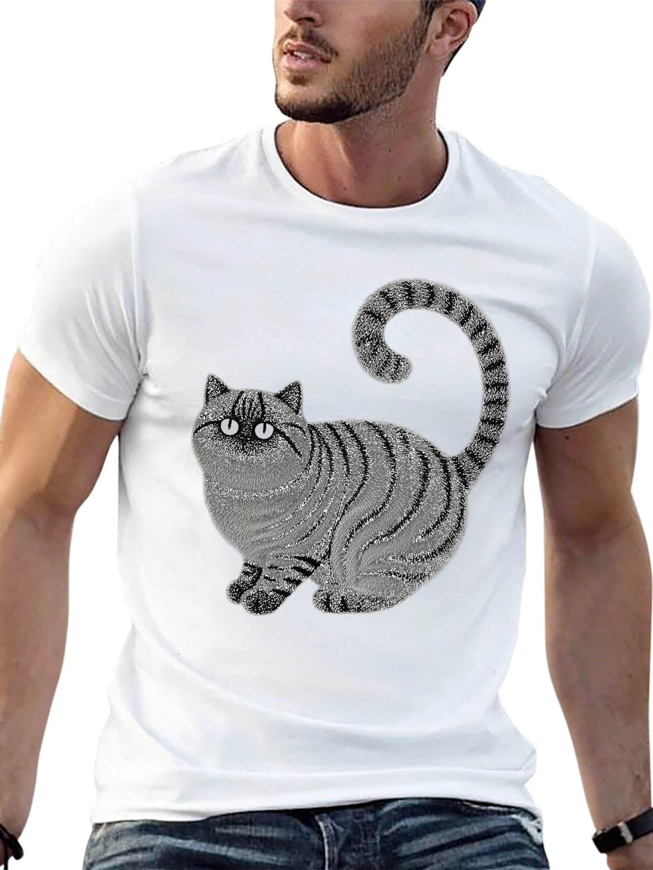 Striped Cat Graphic Black T-Shirt - Novelty Design