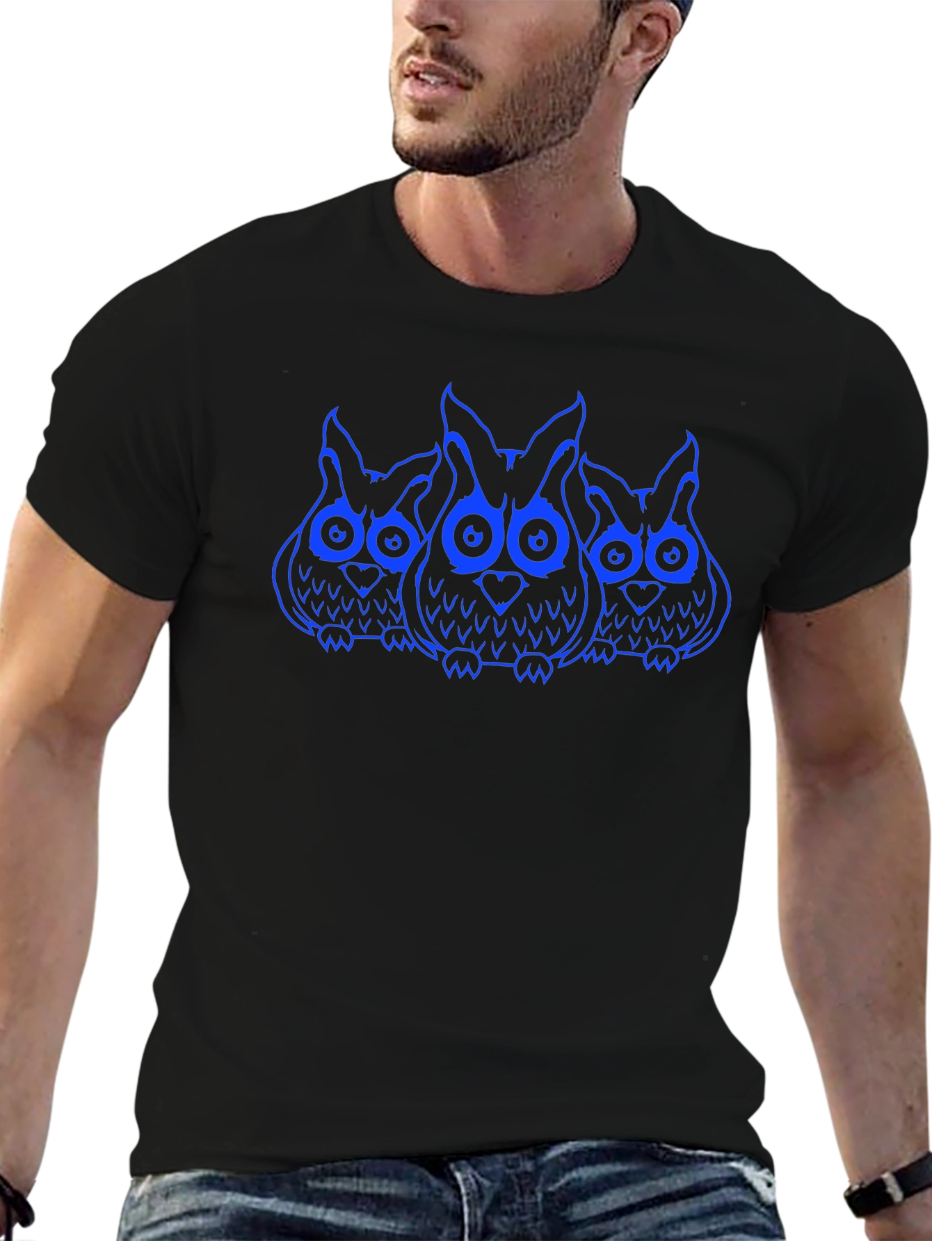 Owl Trio Graphic Print T-Shirt - Black