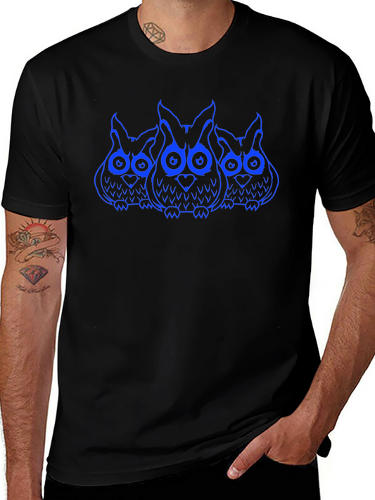 Owl Trio Graphic Print T-Shirt - Black