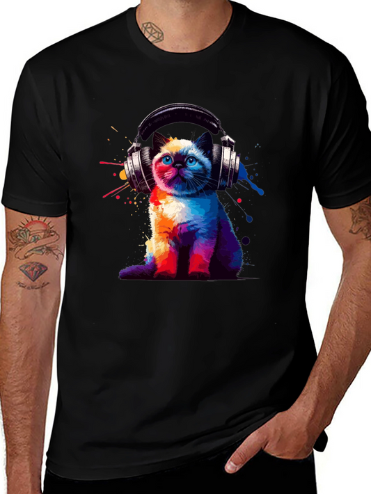 Colorful Cat Headphones Graphic T-Shirt