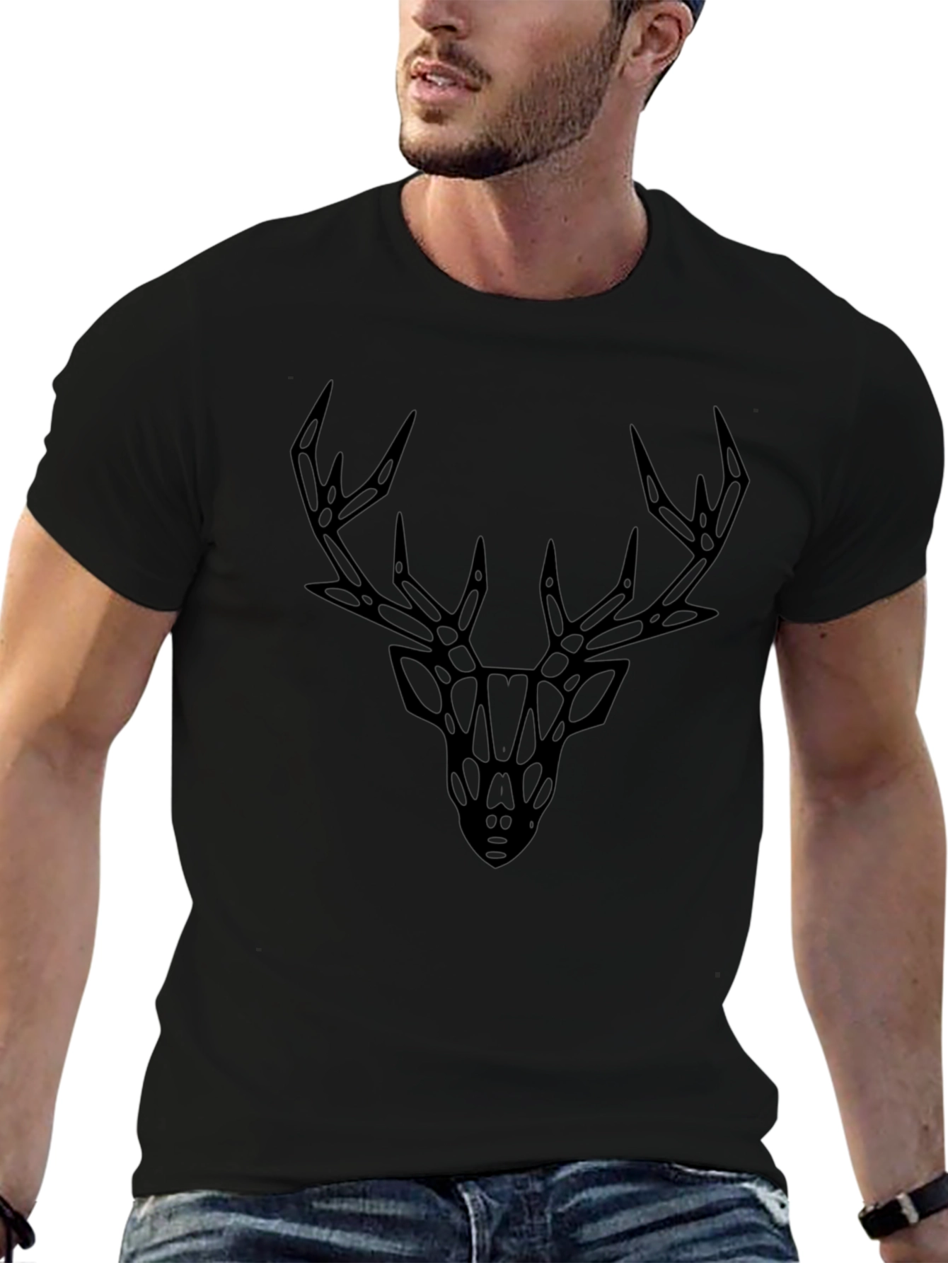 Geometric Deer Graphic Tee - Black Cotton