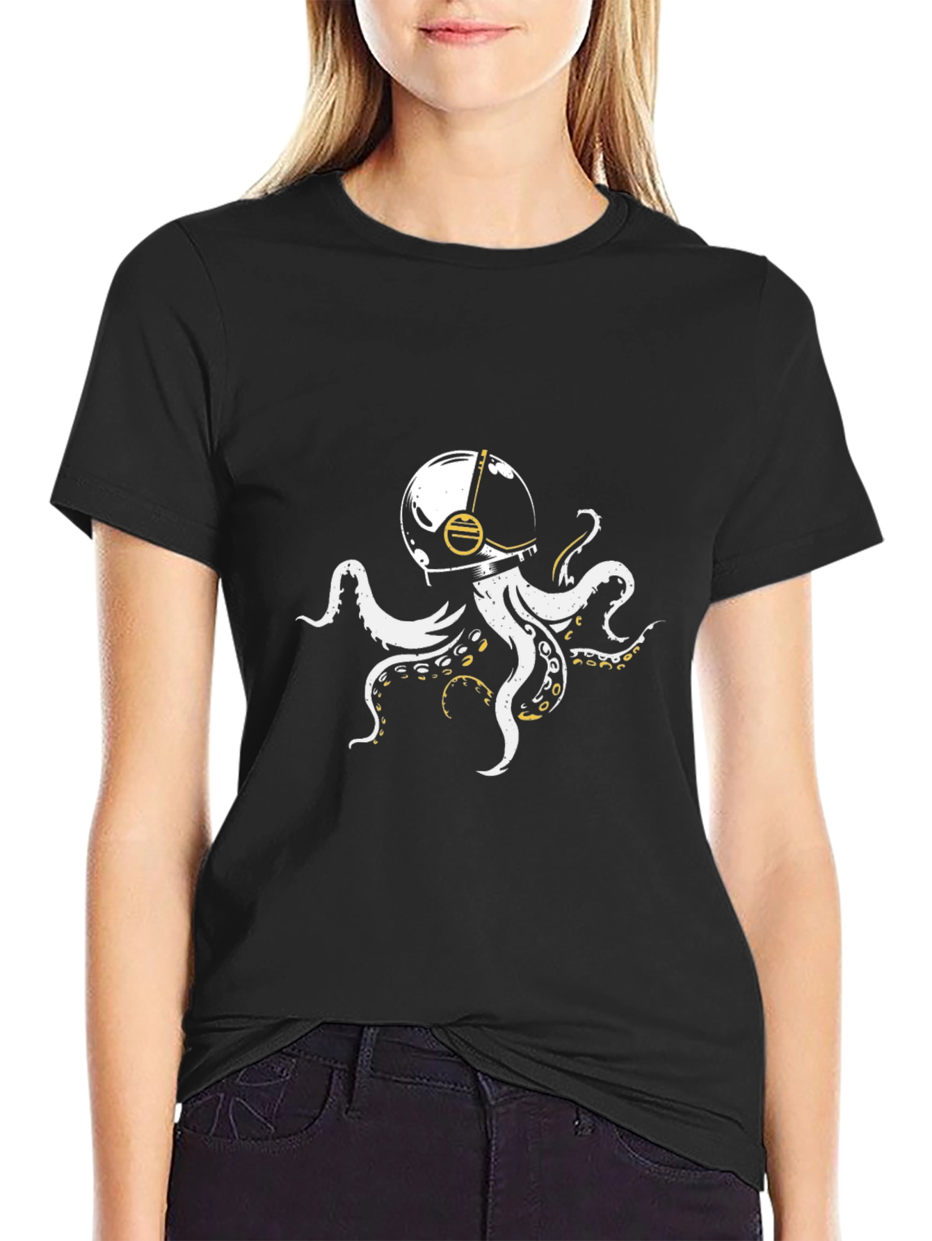 Astronaut Octopus Graphic Tee - Black Cotton Blend