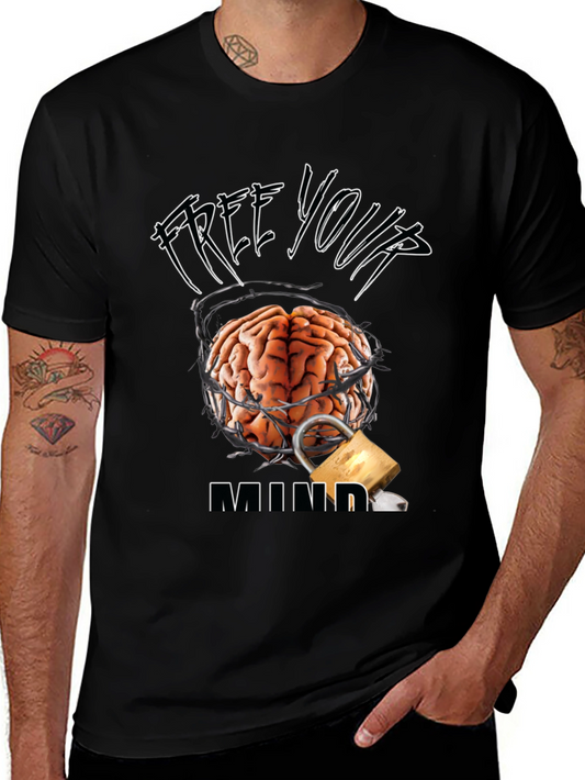 Free Your Mind Graphic Tee - Brain & Lock Design