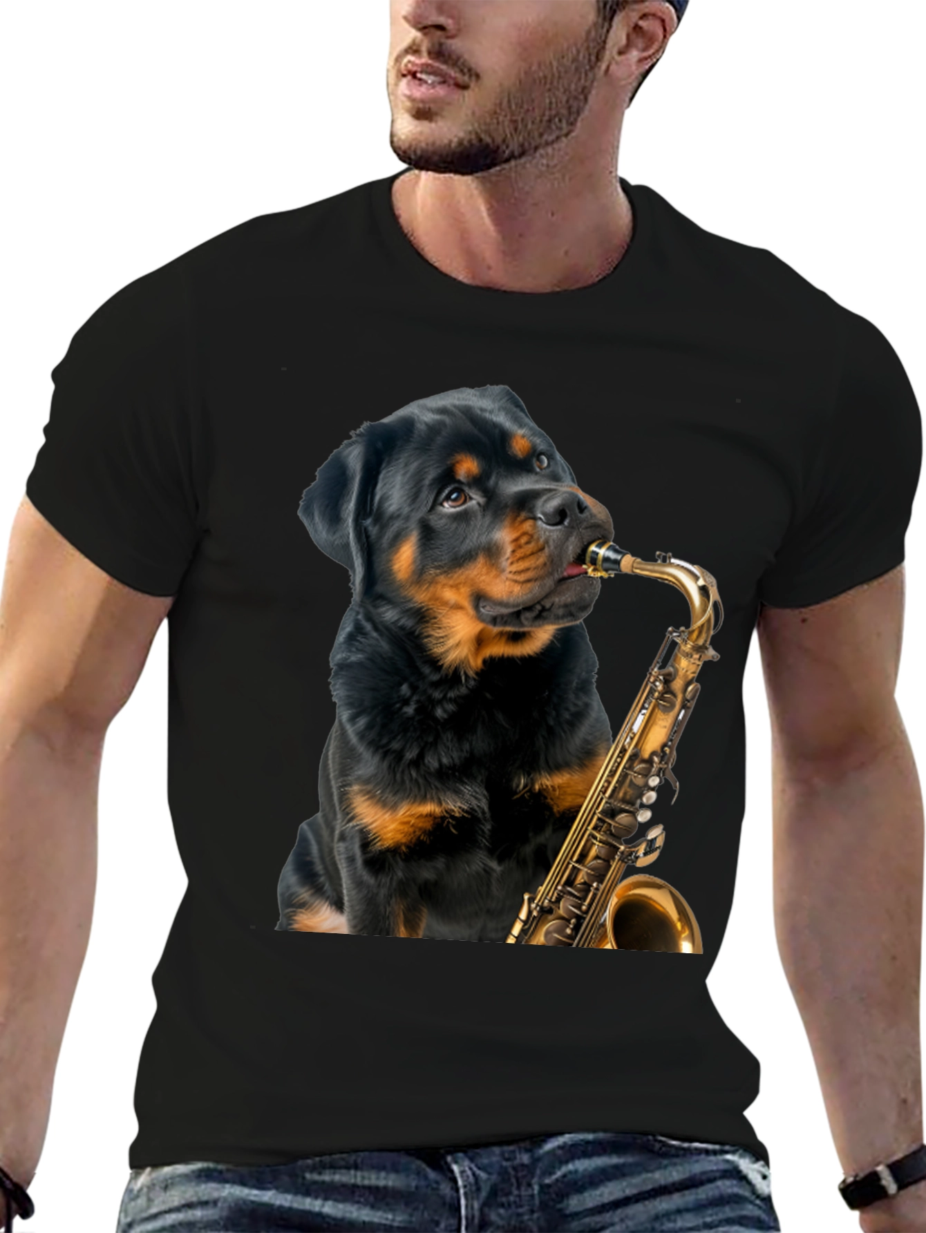 Rottweiler Saxophone T-Shirt - Musical Dog Tee