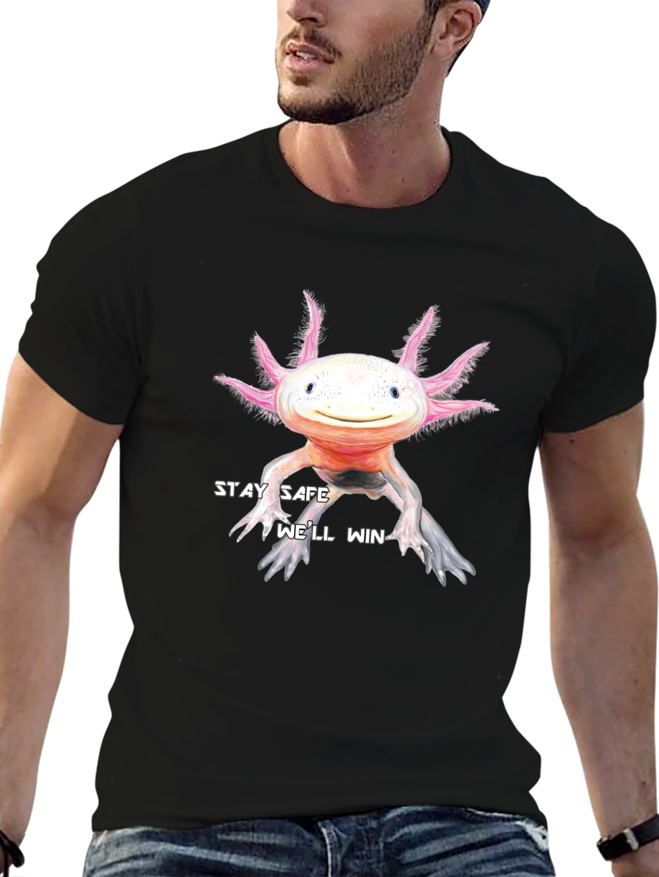 Stay Safe Axolotl T-Shirt - Black Cotton