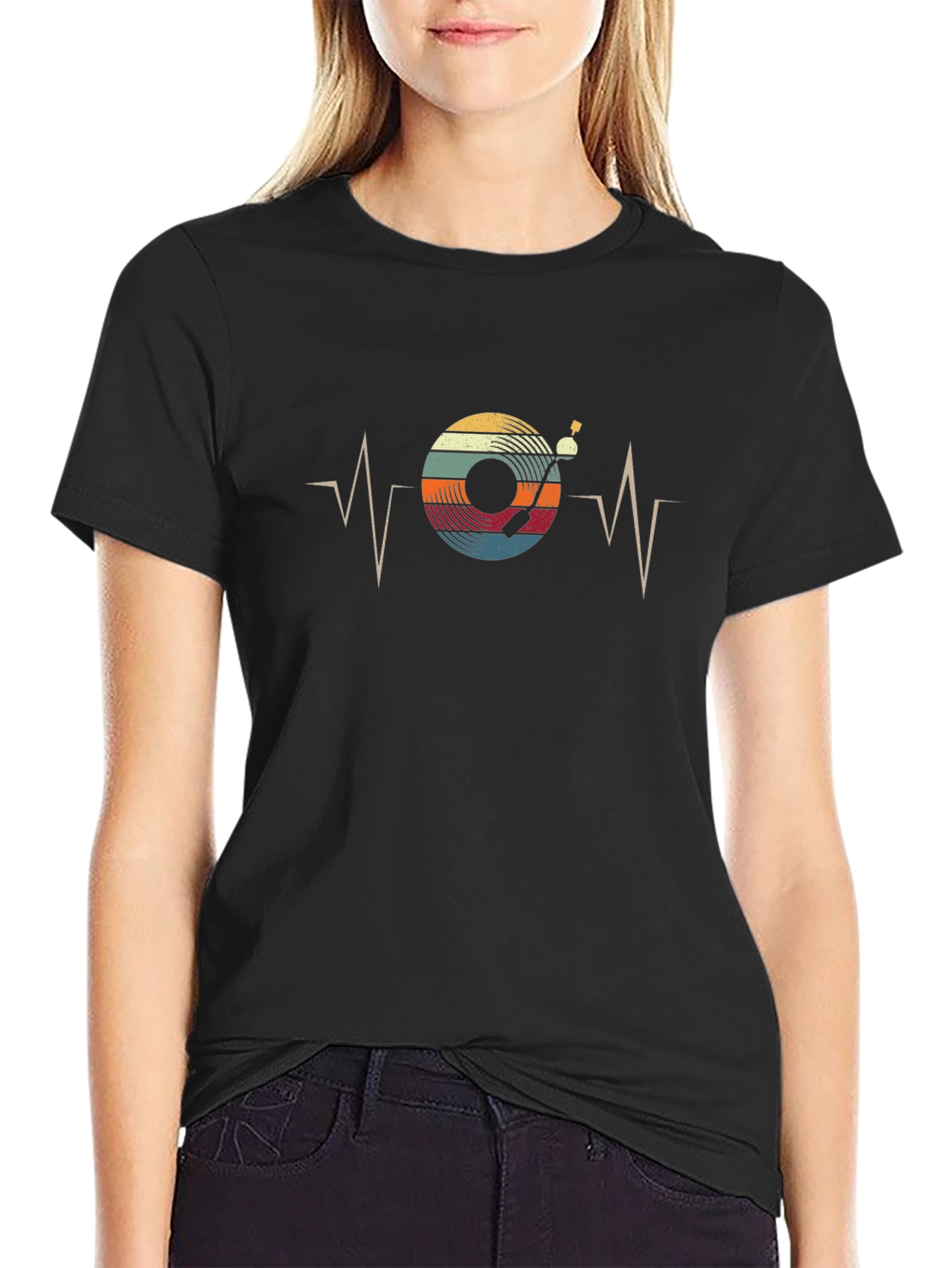 Retro Vinyl Record Heartbeat Graphic T-Shirt