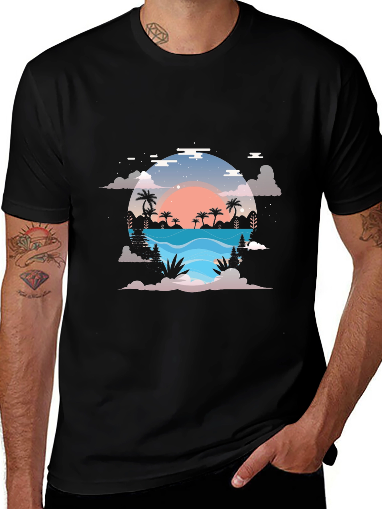 Sunset Paradise Graphic Tee - Black Cotton Blend Shirt