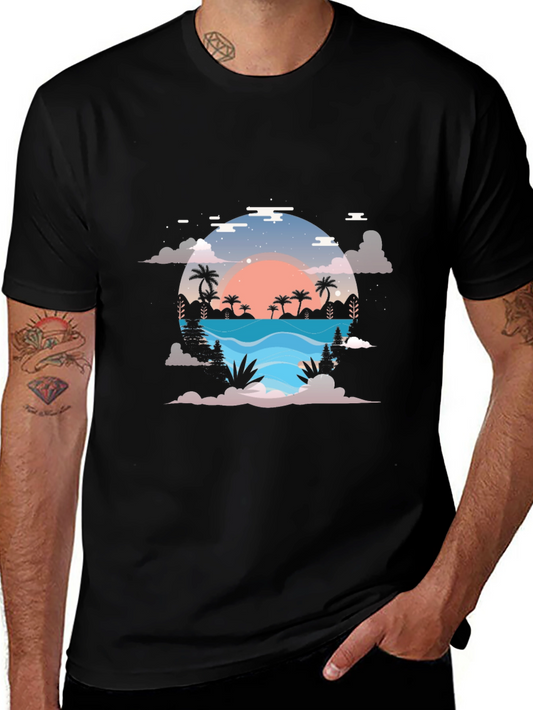 Sunset Paradise Graphic Tee - Black Cotton Blend Shirt