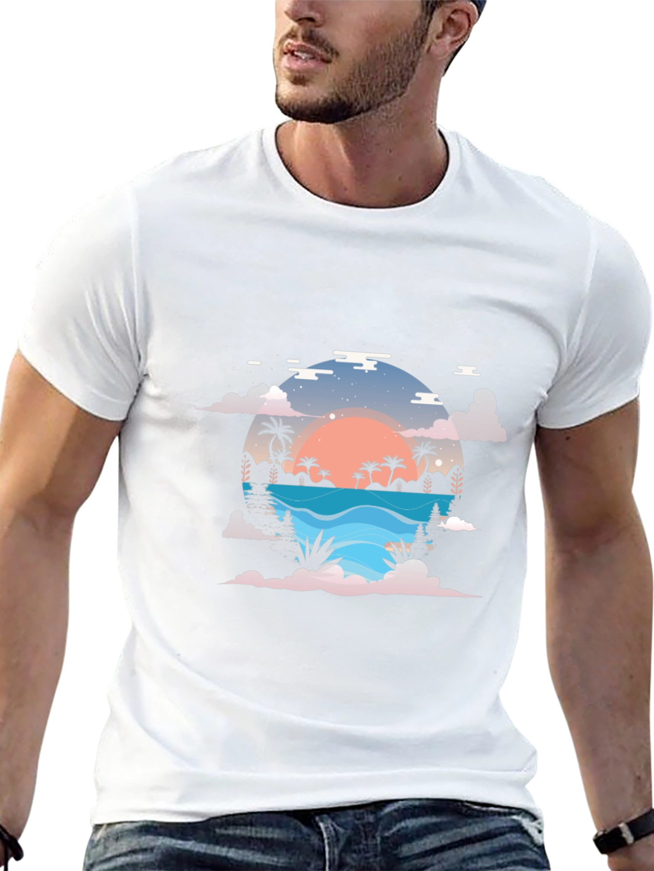 Sunset Paradise Graphic Tee - Black Cotton Blend Shirt