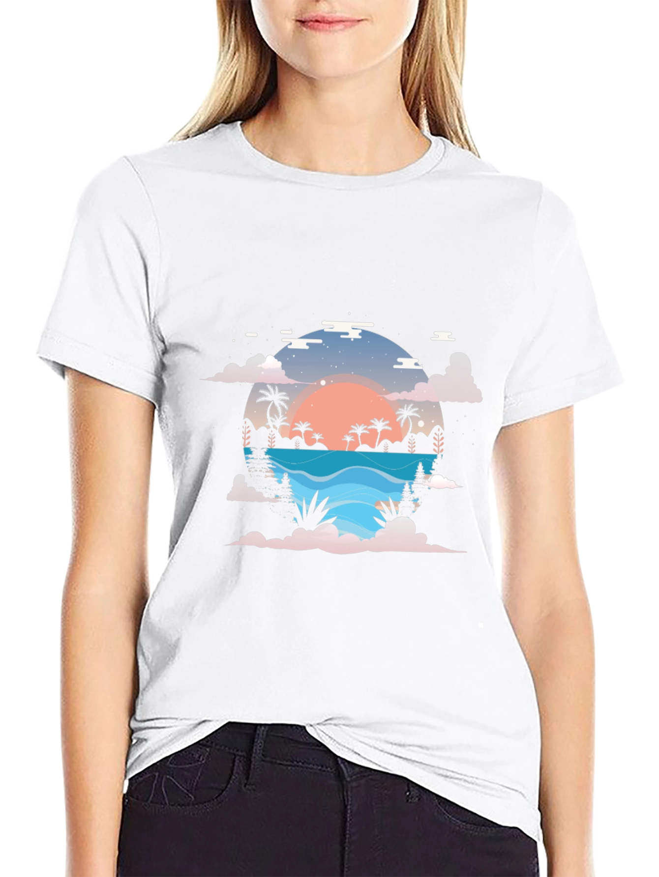 Sunset Paradise Graphic Tee - Black Cotton Blend Shirt