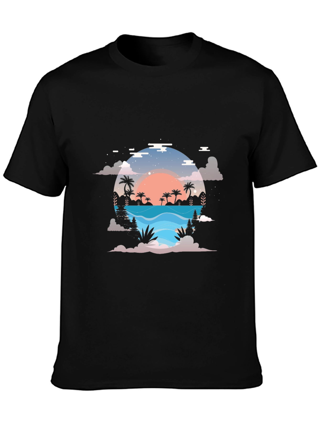 Sunset Paradise Graphic Tee - Black Cotton Blend Shirt