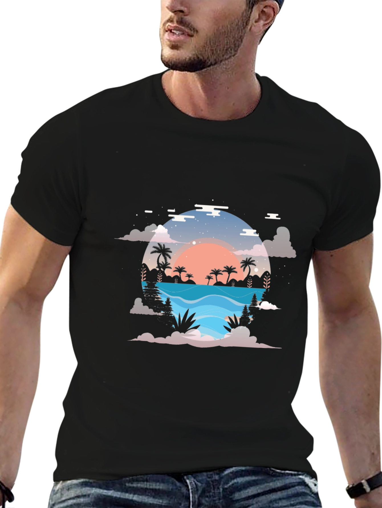 Sunset Paradise Graphic Tee - Black Cotton Blend Shirt
