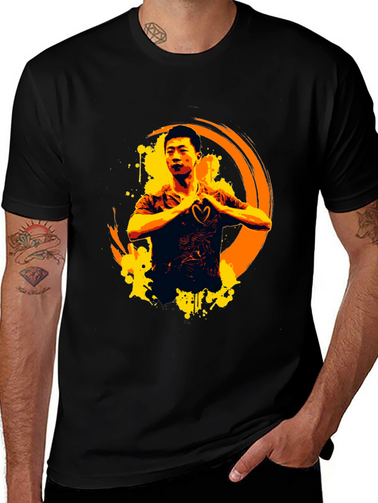 Graphic Tee: Asian Man Heart Hands Artistic Design Black T-Shirt