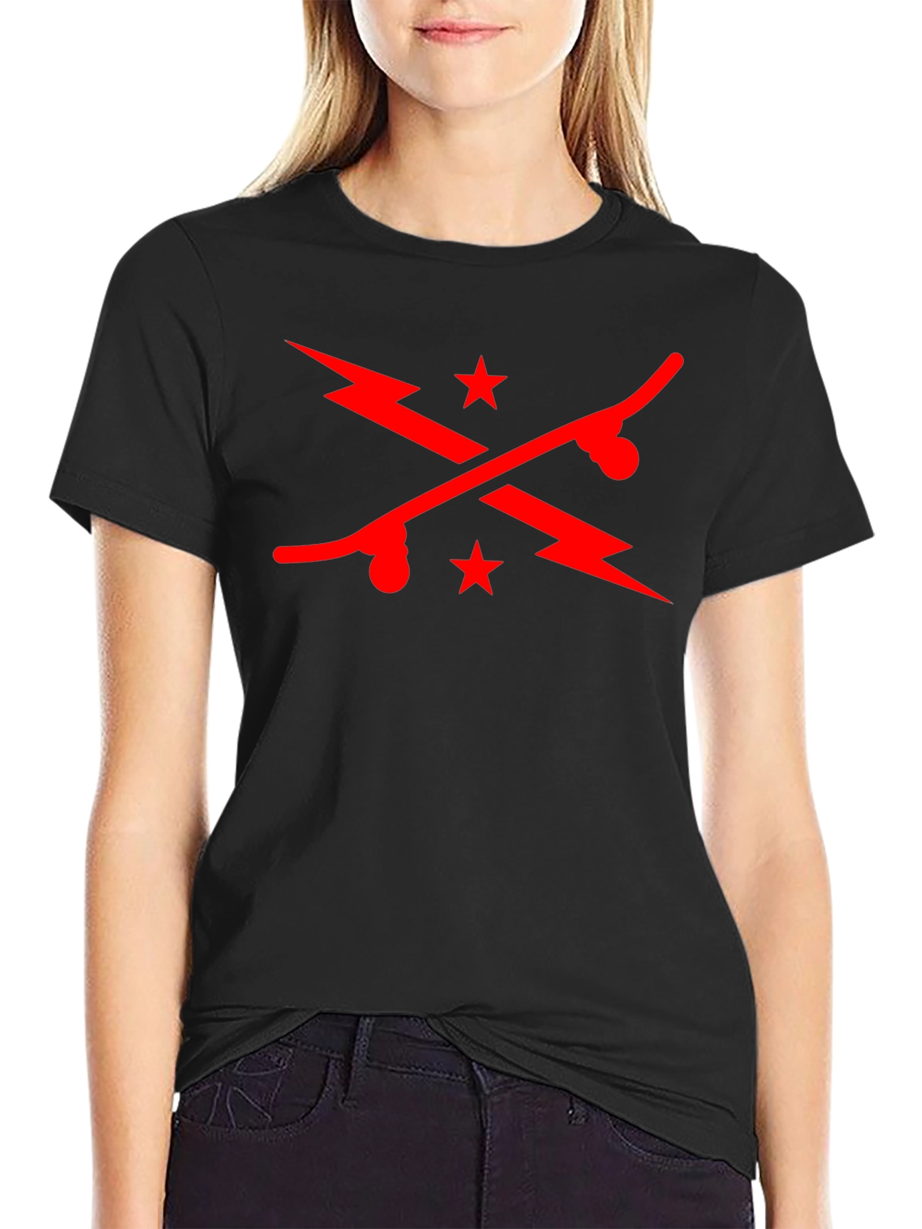 Cool Skateboard & Lightning Bolt Graphic Black T-Shirt