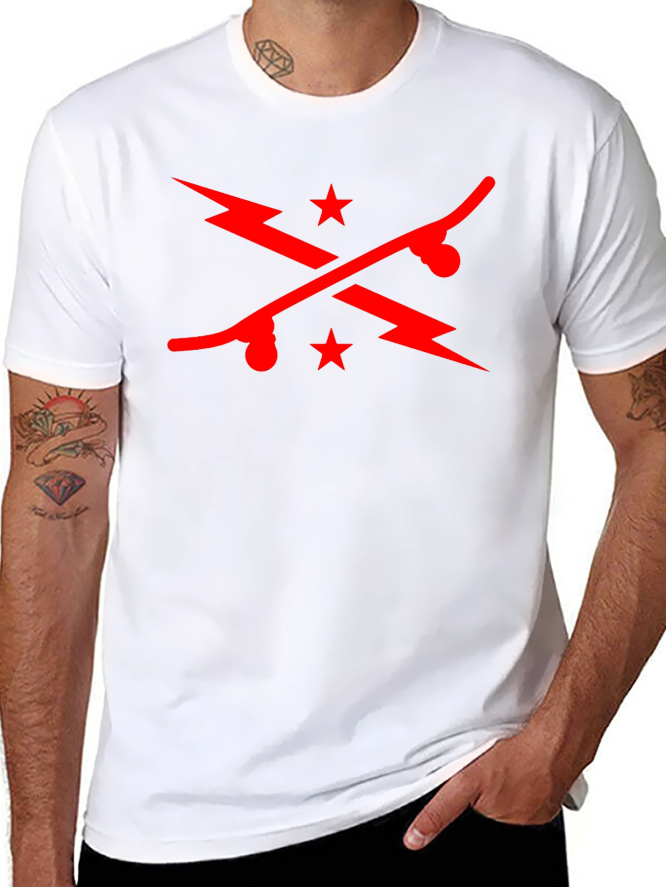 Cool Skateboard & Lightning Bolt Graphic Black T-Shirt