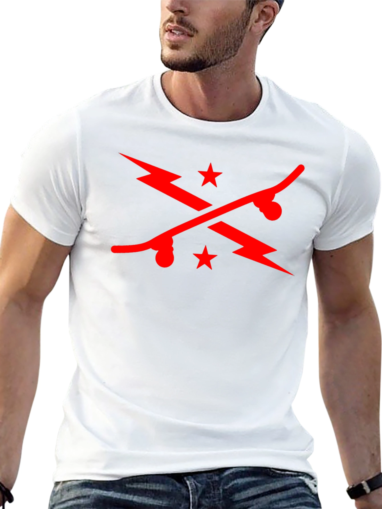 Cool Skateboard & Lightning Bolt Graphic Black T-Shirt