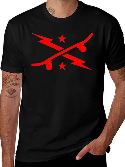 Cool Skateboard & Lightning Bolt Graphic Black T-Shirt