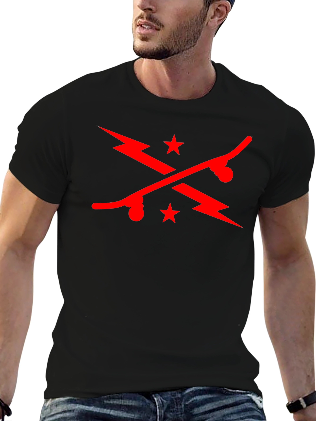 Cool Skateboard & Lightning Bolt Graphic Black T-Shirt