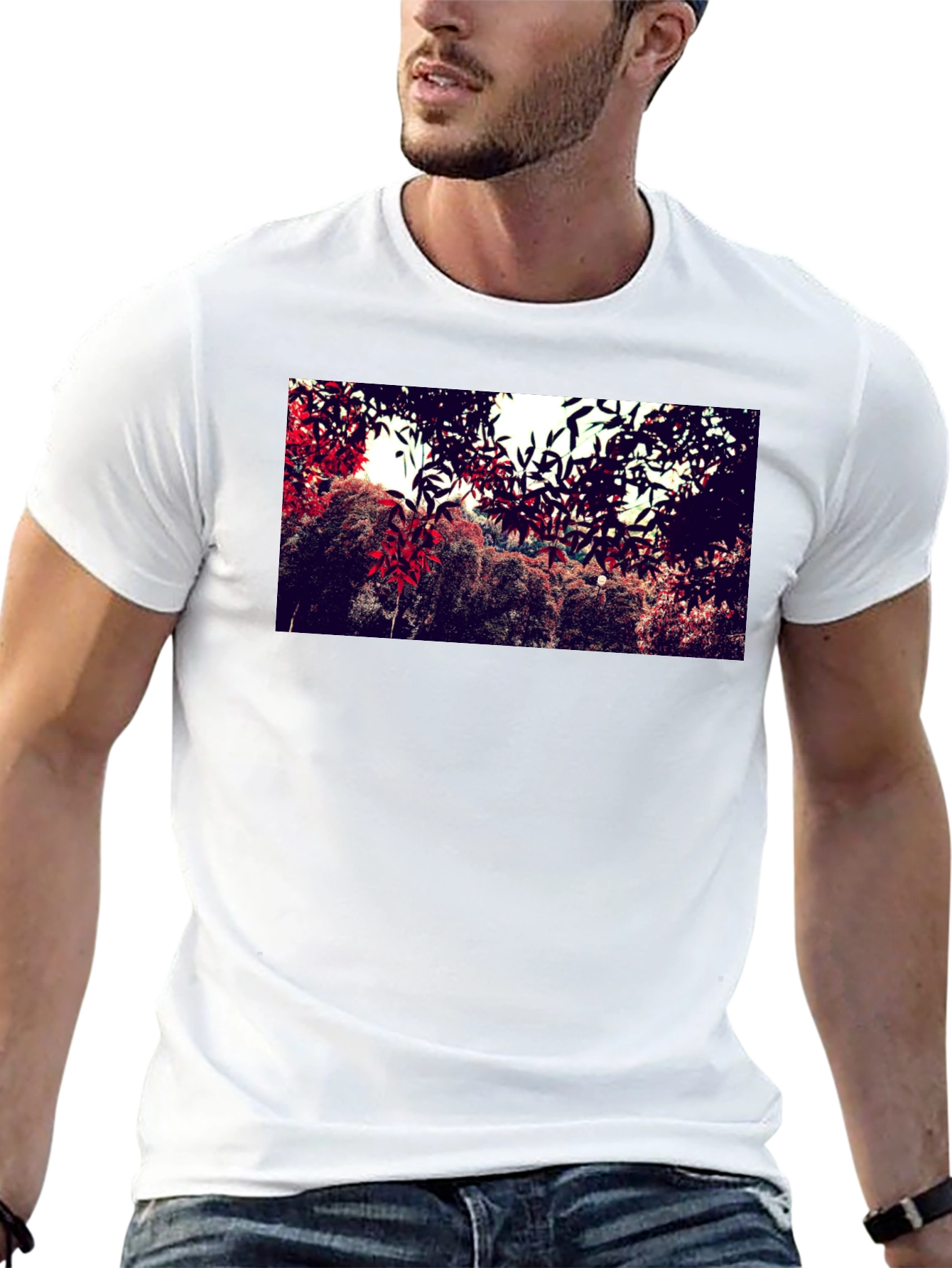 Nature Print Black Cotton Crew Neck T-Shirt