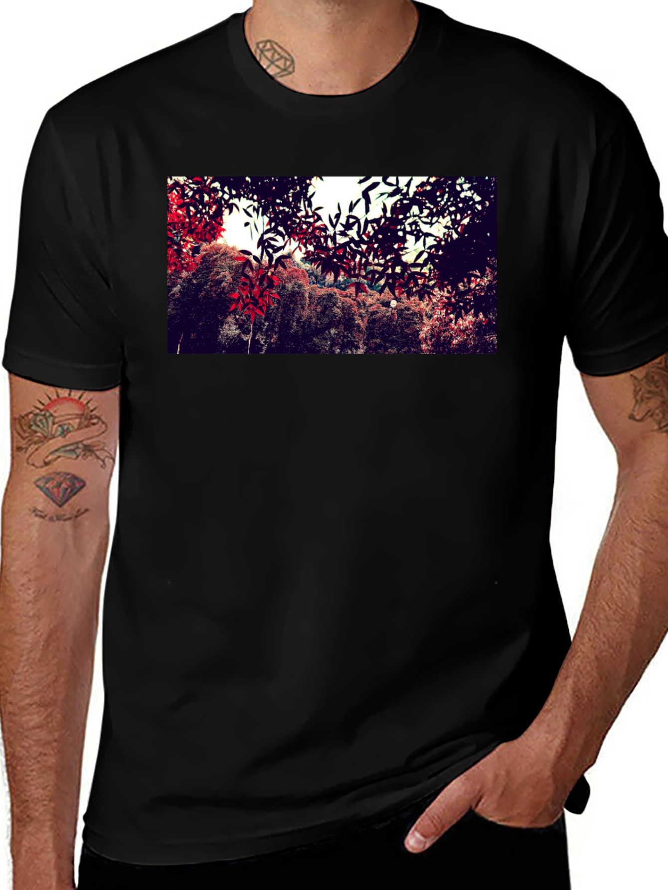 Nature Print Black Cotton Crew Neck T-Shirt