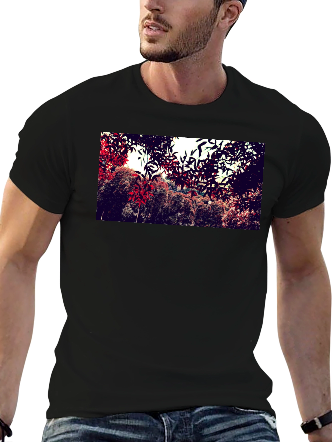 Nature Print Black Cotton Crew Neck T-Shirt