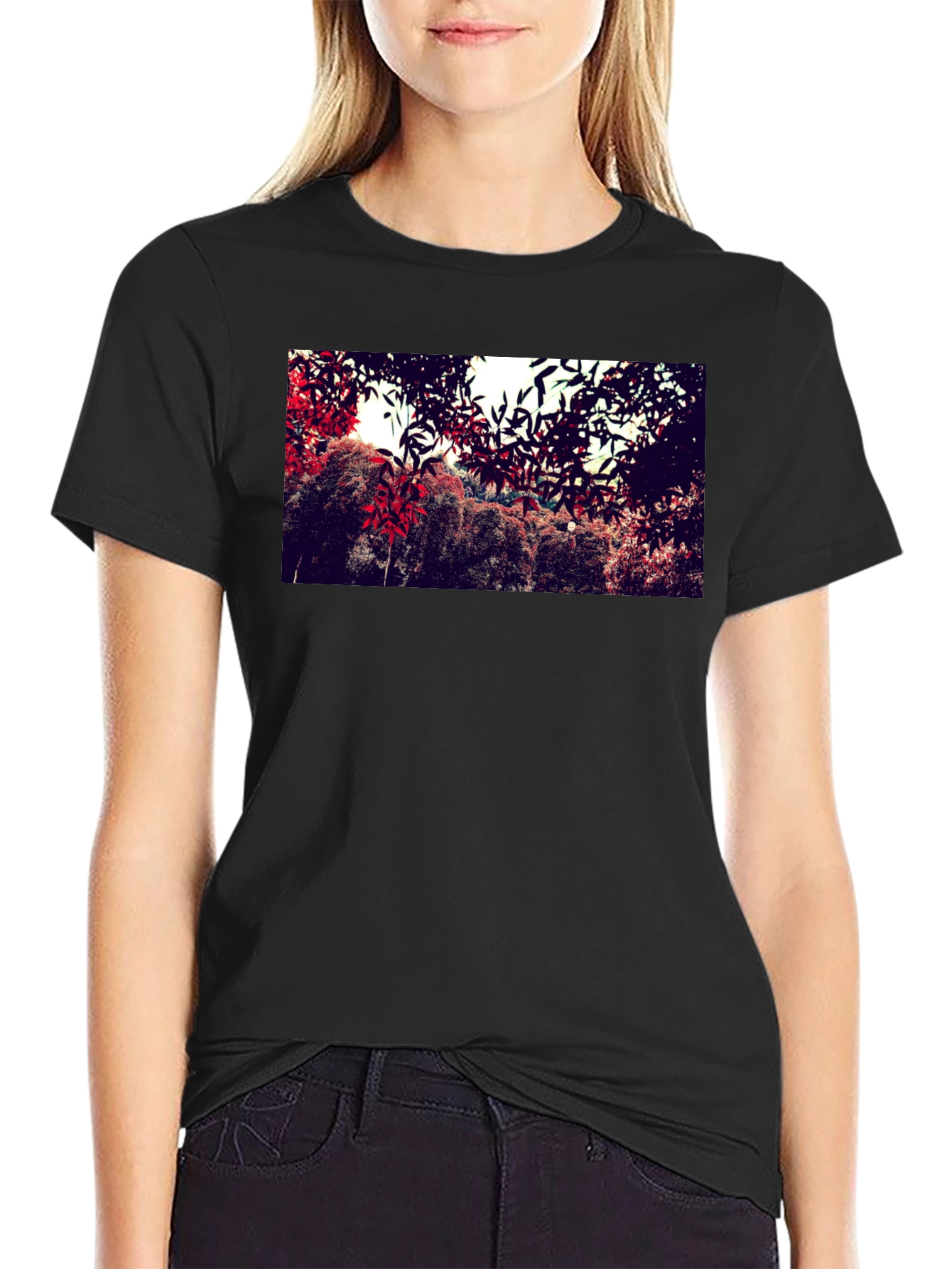 Nature Print Black Cotton Crew Neck T-Shirt