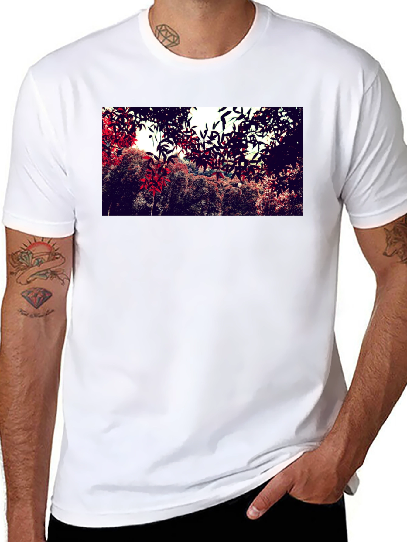 Nature Print Black Cotton Crew Neck T-Shirt