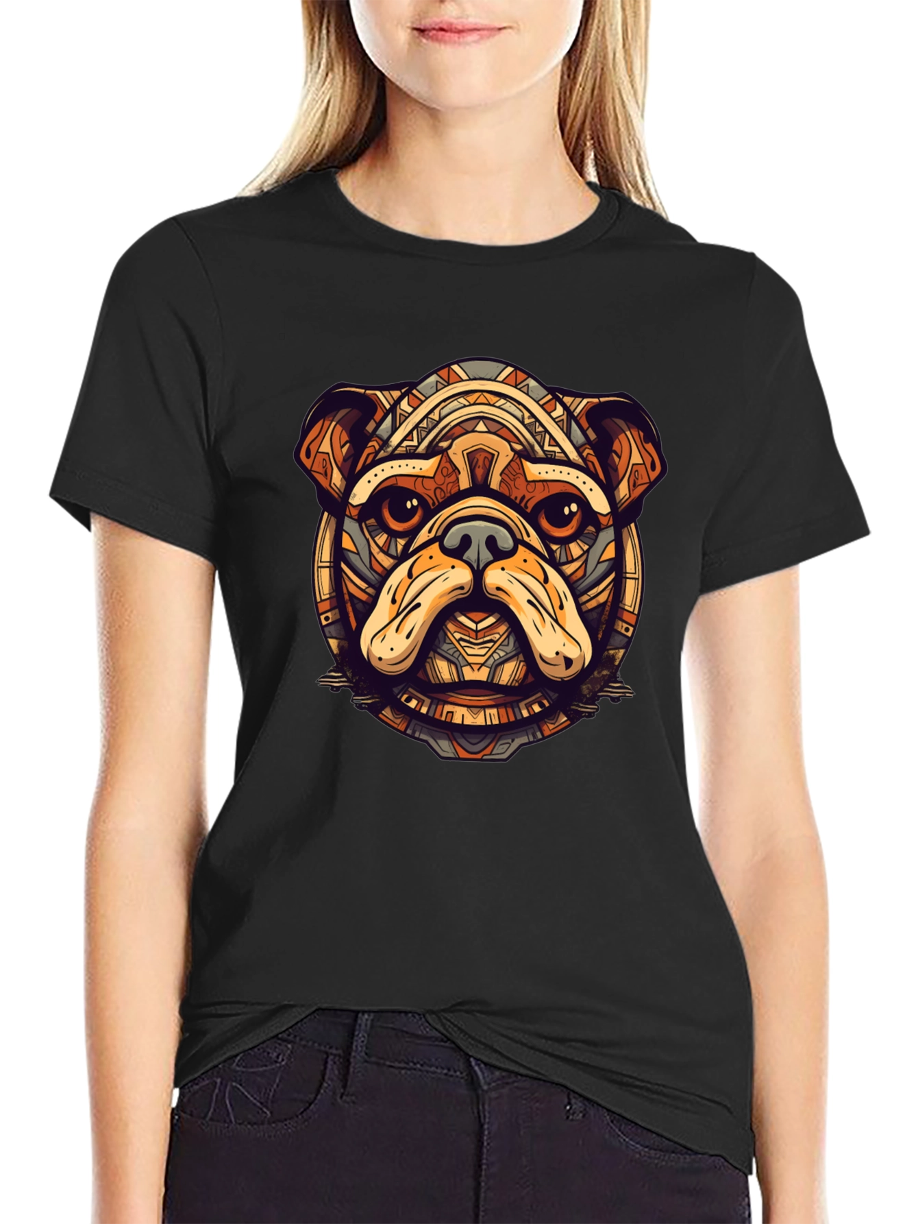 Bulldog Tribal Art Black T-Shirt
